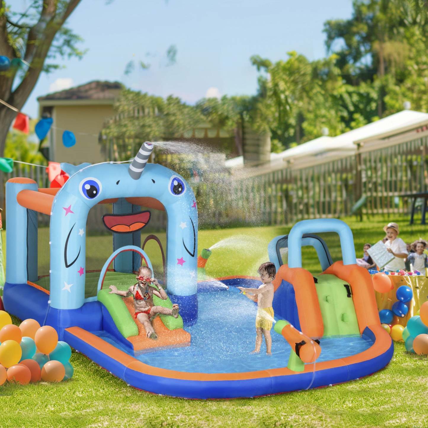 Outsunny 5-en-1 Toboggan Gonflable, Château Gonflable Pour Enfants Avec Toboggan | Toboggan gonflable 5 en 1 Outsunny, maison de rebond de château pour enfants de style narval comprenant un toboggan