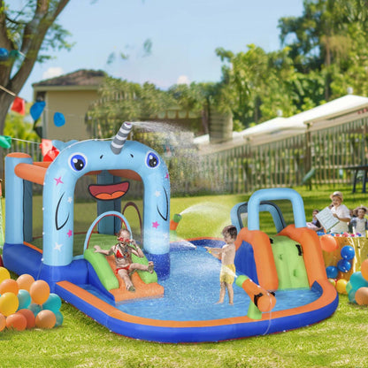 Outsunny 5-en-1 Toboggan Gonflable, Château Gonflable Pour Enfants Avec Toboggan | Toboggan gonflable 5 en 1 Outsunny, maison de rebond de château pour enfants de style narval comprenant un toboggan