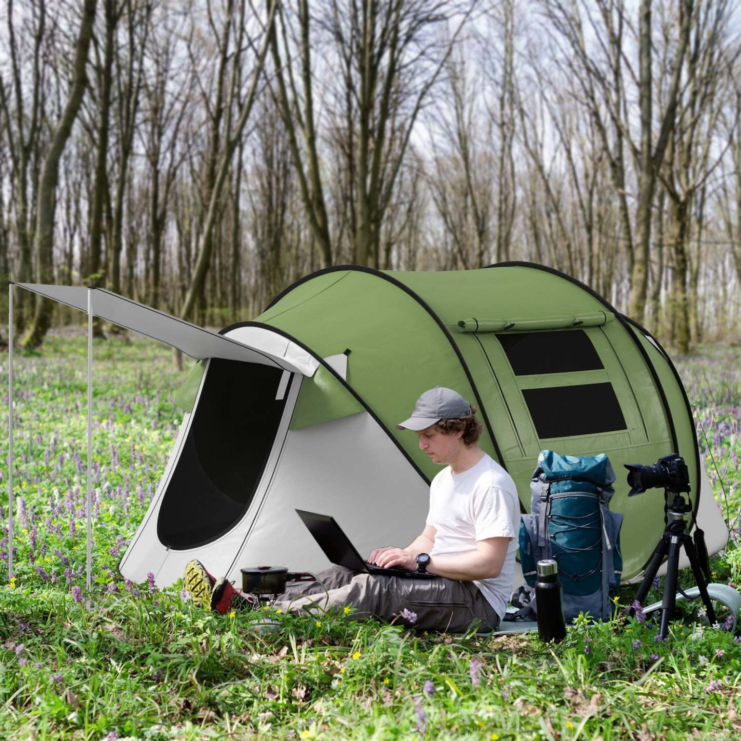 Outsunny Tente De Camping Avec Porche Et Sac De Transport, 3000mm Etanche, Vert