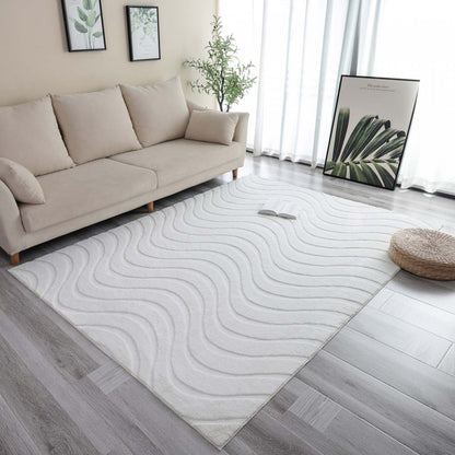 Tapis Lavable A Poils Longs Motif Vagues Blanc Perle 5'x7'