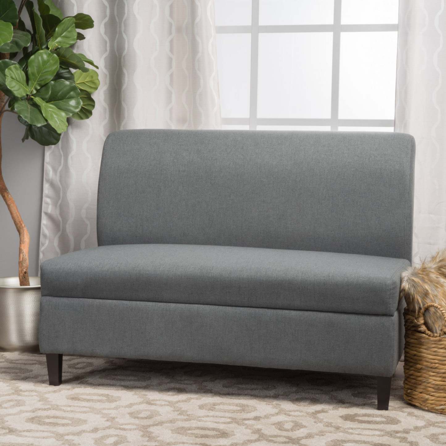 Haley Fabric Armless Loveseat With Hidden Storage And Wood Legs - Charcoal | Causeuse Sans Accoudoirs Haley En Tissu Avec Rangement Dissimulé Et Pattes En Bois - Charbon