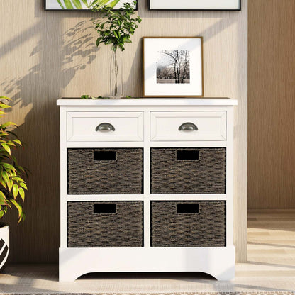 Armoire de rangement en bois massif Tobey avec 2 tiroirs et 4 paniers en rotin, armoire d'appoint blanche | Buffet De Rangement Tobey En Bois Massif Avec 2 Tiroirs Et 4 Paniers En Rotin, Blanc