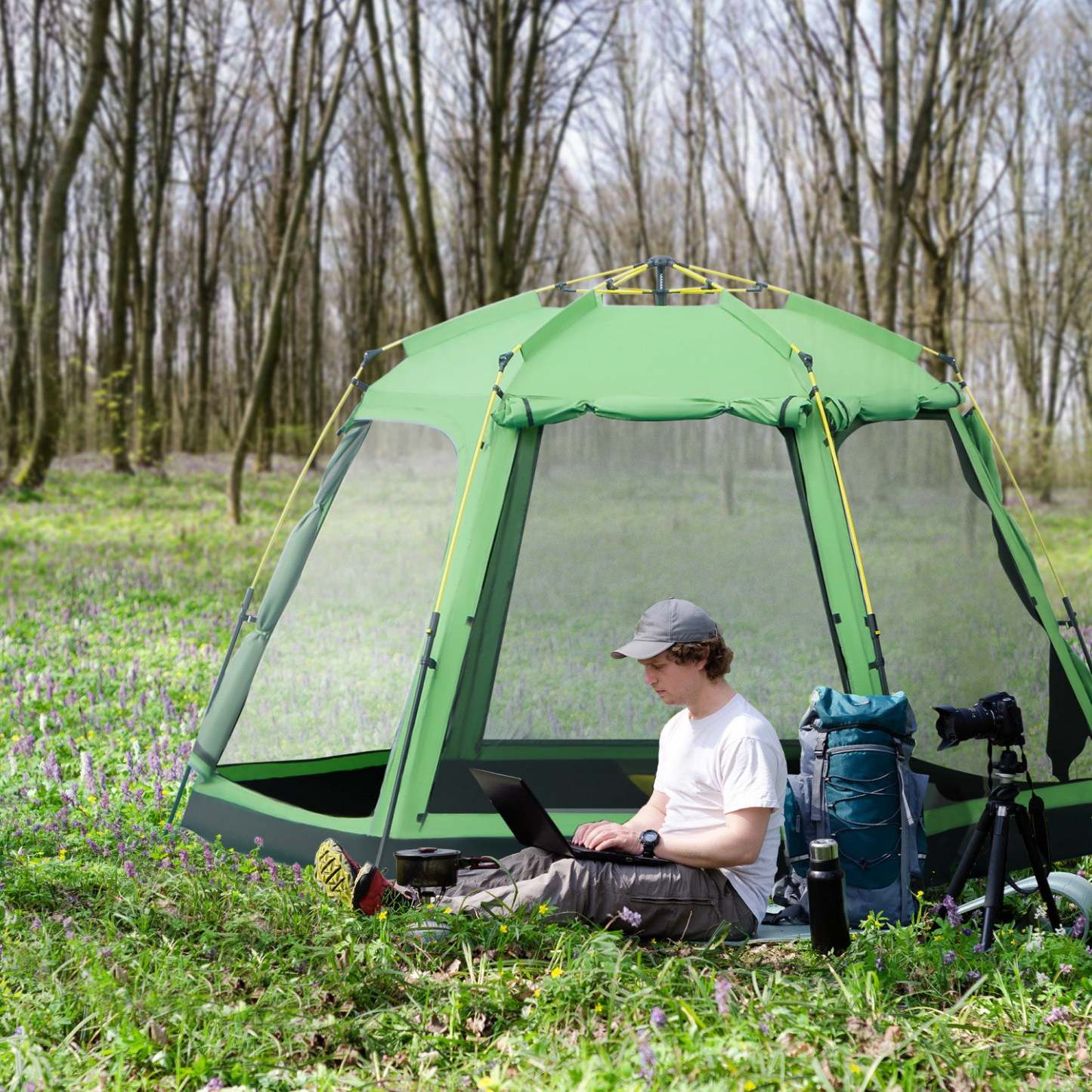 Outsunny Tente De Camping Design Pop-up 6 Personnes, Tente De Randonnée En Tissu A 2 Niveaux Avec 4 Fenêtres 2 Portes