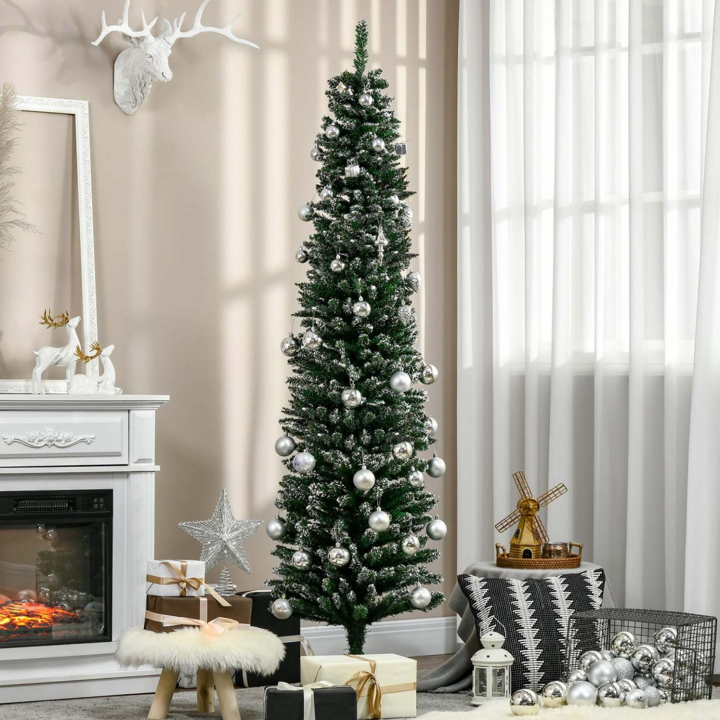 Homcom Sapin De Noël Artificiel De 6 Pieds Avec 570 Pointes De Branches|Homcom 6ft Artificial Snow Dipped Pencil Christmas Tree With 570 Branch Tips