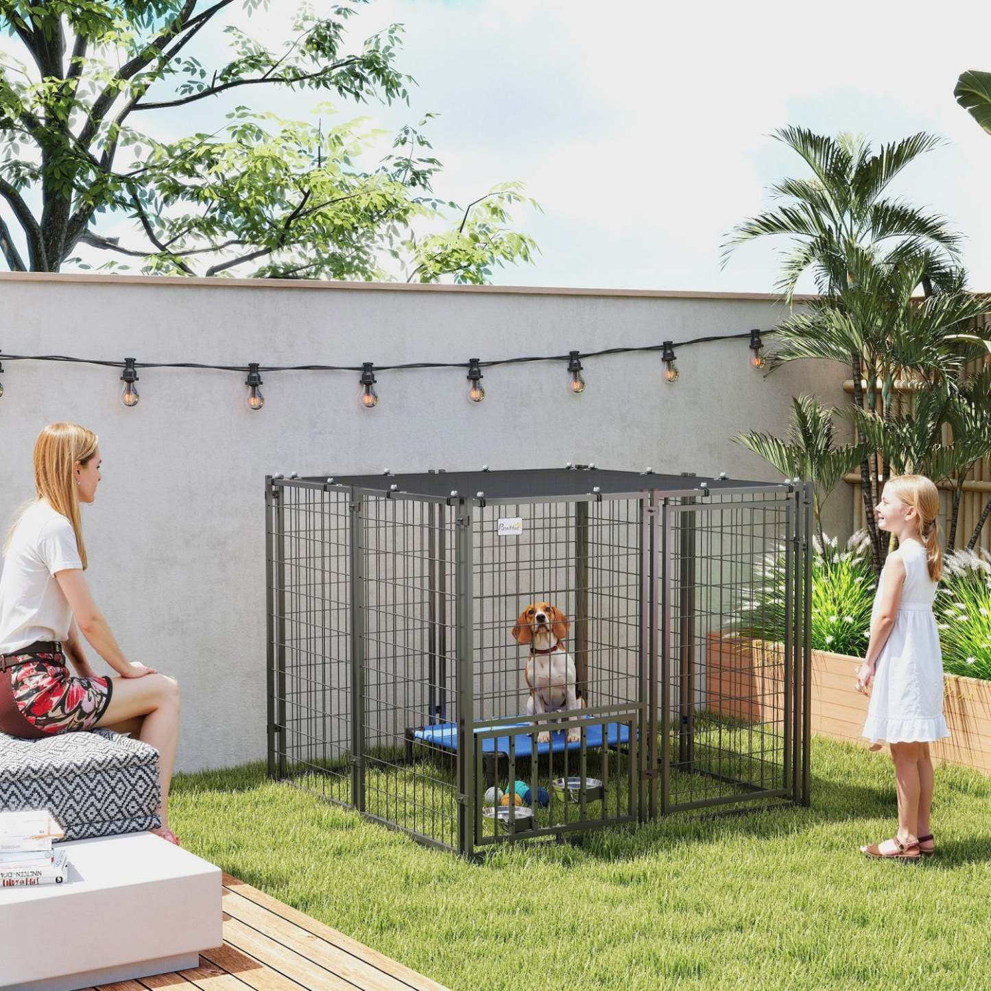 Pawhut Enclos pour Chien Extérieur, Chenil en Fil Soudé avec 4 Niveaux de Bols pour Chien réglables et Rotatifs, Couverture Anti-soleil, Verrou Sécurisé, Pour Chiens de Petite et Moyenne Taille, 4.6' X 4.6' X 3.7'