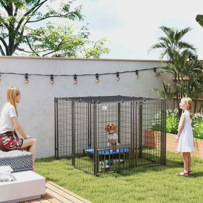 Pawhut Enclos pour Chien Extérieur, Chenil en Fil Soudé avec 4 Niveaux de Bols pour Chien réglables et Rotatifs, Couverture Anti-soleil, Verrou Sécurisé, Pour Chiens de Petite et Moyenne Taille, 4.6' X 4.6' X 3.7'