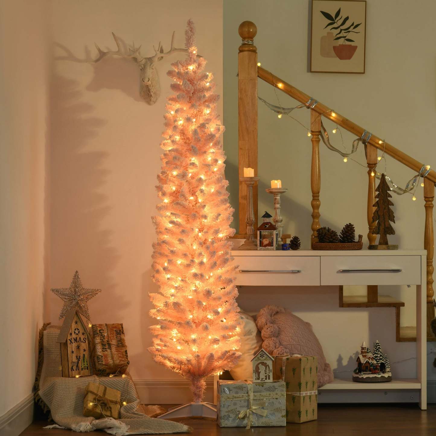 Homcom Sapin de Noël artificiel floqué mince de 6' avec lumière, rose | Homcom Sapin de Noël Artificiel Floconné de Neige de 6 Pi avec Lumière, Rose