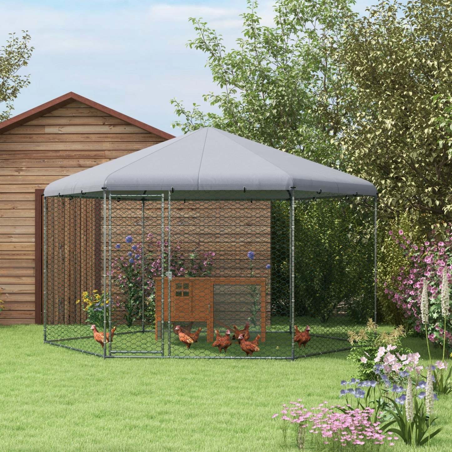 Pawhut 13.1' X 11.4' Coopérative de Poulet, Grand Enclos à Poules Avec Couvercle Pour Jardin Extérieur, Métal Volaille