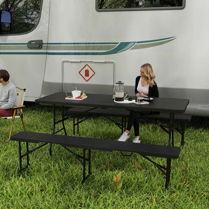 Outsunny table de pique-nique pliante en faux rotin de 6 pieds en 3 pièces avec 2 bancs, noire