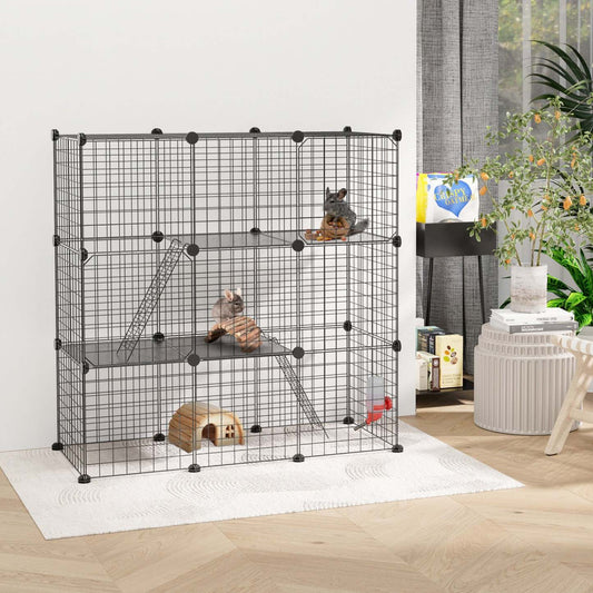 Pawhut Cage Pour Lapins Et Petits Animaux Pour Chinchillas, Parc Pour Animaux Avec Portes Et Rampes