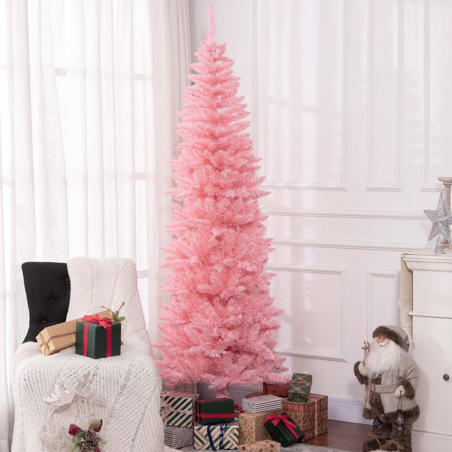 Homcom Arbre De Noël Artificiel De 7pi De Haut Avec Base En Acier, Rose