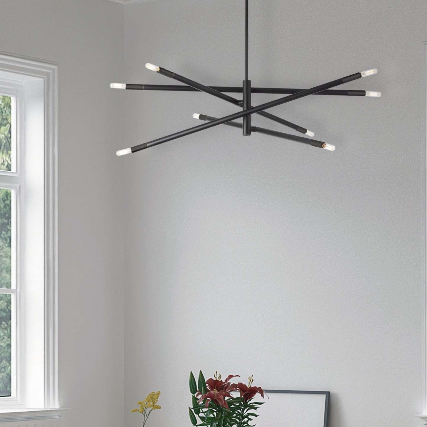 Dainolite Wand 8 Light Chandelier Small Matte Black Lamp|Petit lustre Wand de Dainolite avec fini noir mat et 8 ampoules