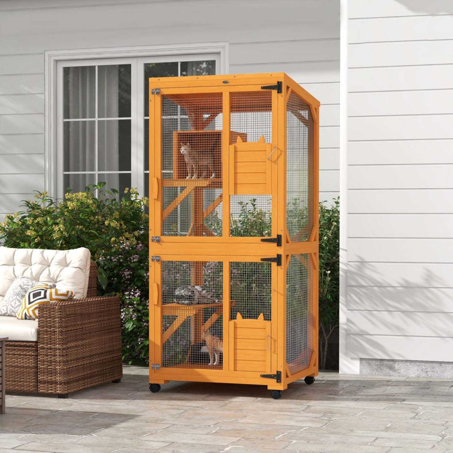 Pawhut 71 H Grande Catio Enclos Extérieur pour Chats, Maison en Bois pour Chatons pour Patio, Design Élevé avec Roues, Boîte de Repos, Résistante à l'Eau, Multi-Plateformes, Pour 1-3 Chats, Orange