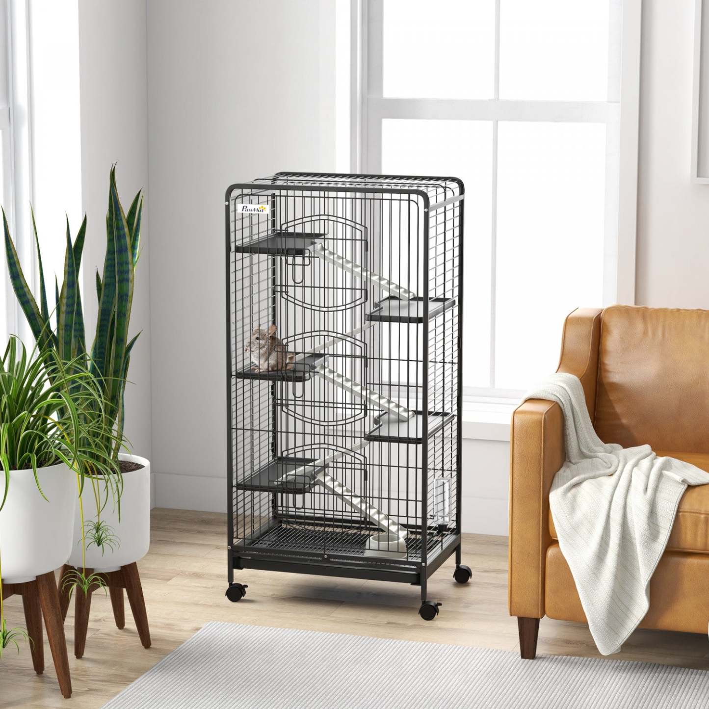 Pawhut Cage Pour Petits Animaux À 6 Niveaux Pour Lapins, Furets, Chinchillas Sur Roues Avec Plateau Amovible