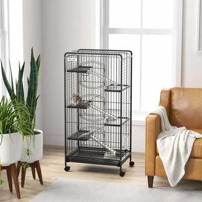 Pawhut Cage Pour Petits Animaux À 6 Niveaux Pour Lapins, Furets, Chinchillas Sur Roues Avec Plateau Amovible