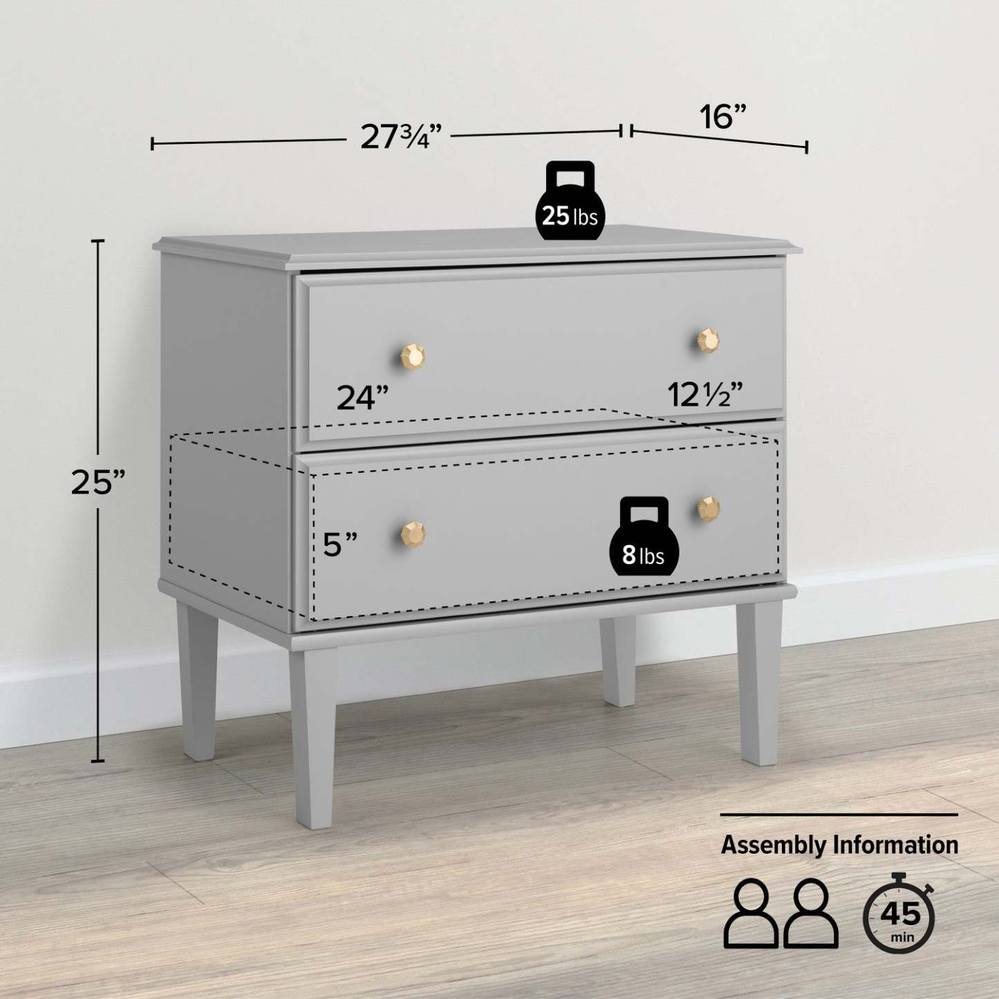 Prepac Lux 2-Drawer Nightstand - Grey|Table de nuit Lux de Prepac à 2 tiroirs - grise