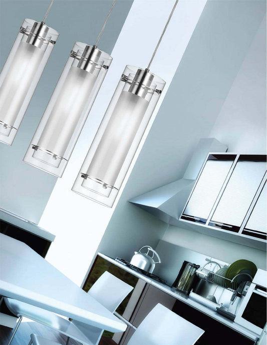 Luminaire suspendu Pasha de Dainolite en verre transparent et givré, avec finition chromé poli et 1 ampoule