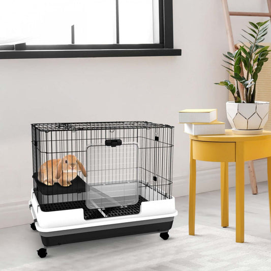 Pawhut 28h 2 niveaux Petite Cage pour Animaux avec Roues Universelles Verrouillables, Plateau Coulissant Fo|Pawhut Cage A Lapin Roulante Pour Petit Animal Domestique Habitat De Lapin Plateau Coulissant Avec R