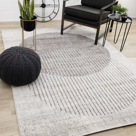 Carpette à poil court doux Solace grise et blanche à motif de cercles qui fusionnent - 5 pi 3 po x 7 pi 7 po