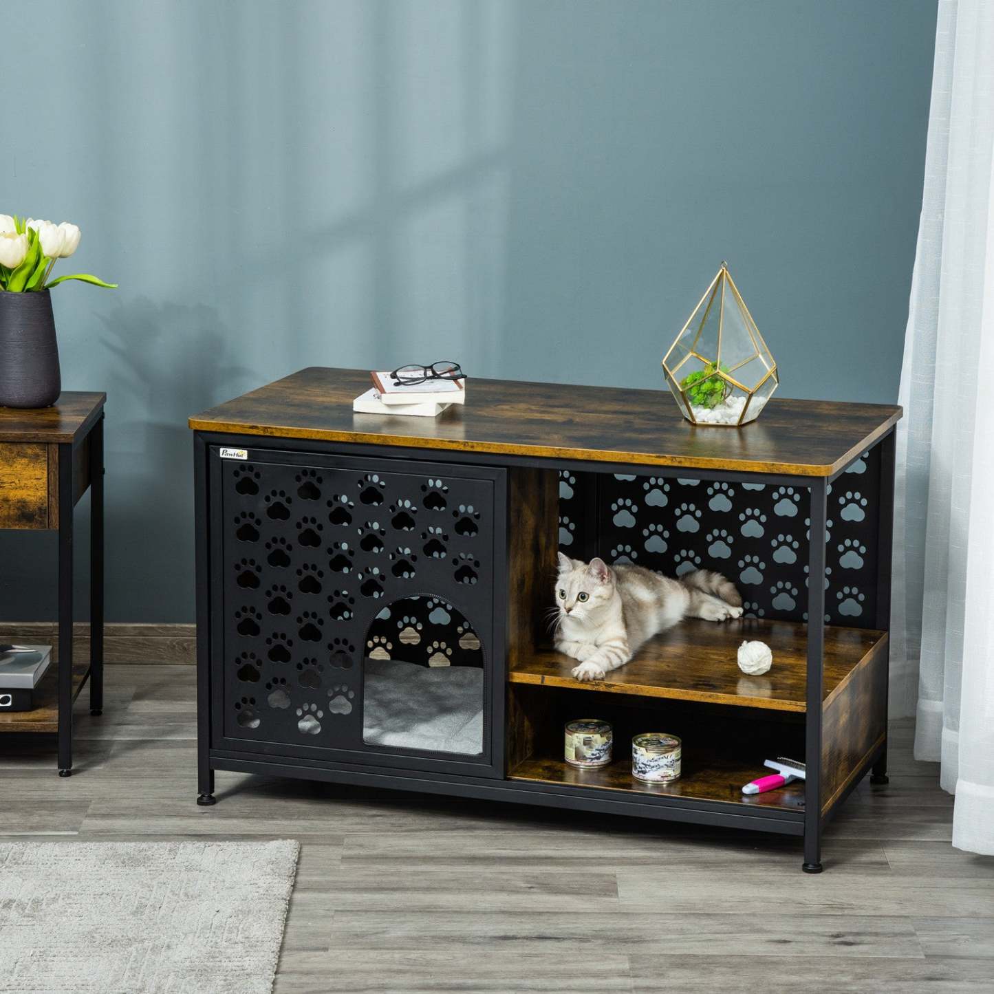 Pawhut Maison en Bois pour Chat Table de Fin de Meuble Style Abri pour Chat Lit avec Coussin Lavable Cachette C|Pawhut 2 En 1 Maison Pour Chat Niche Pour Chat Table Basse Avec Coussin Moelleux Étagère de Rangement