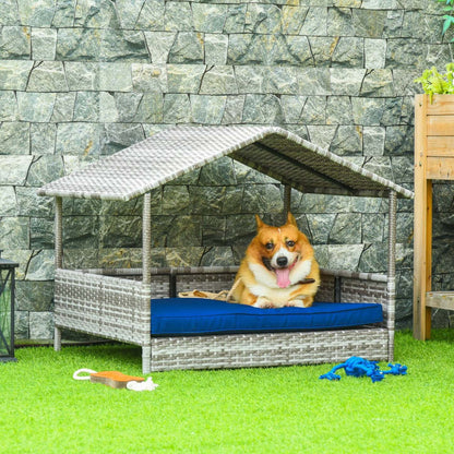 Pawhut Lit Pour Chien En Rotin Sureleve Avec Auvent, Lit De Chien En Osier Avec Coussin Résistant À L'eau, F|Pawhut Elevated Rattan Dog House Outdoor With Canopy, Wicker Dog Bed With Water-resistant Cushion