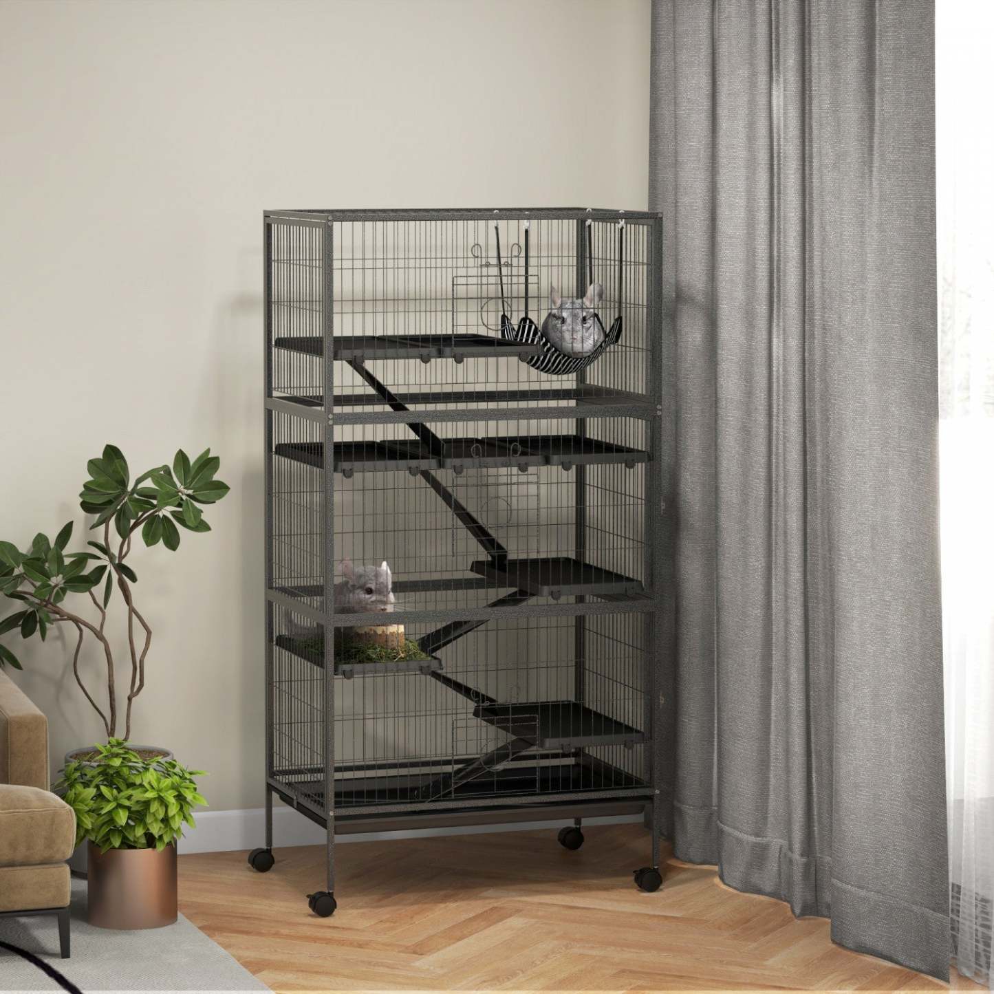 Pawhut Cage Roulante A 6 Niveaux Pour Petits Animaux, Cage Pour Lapin, Furet, Chinchilla, Kitten