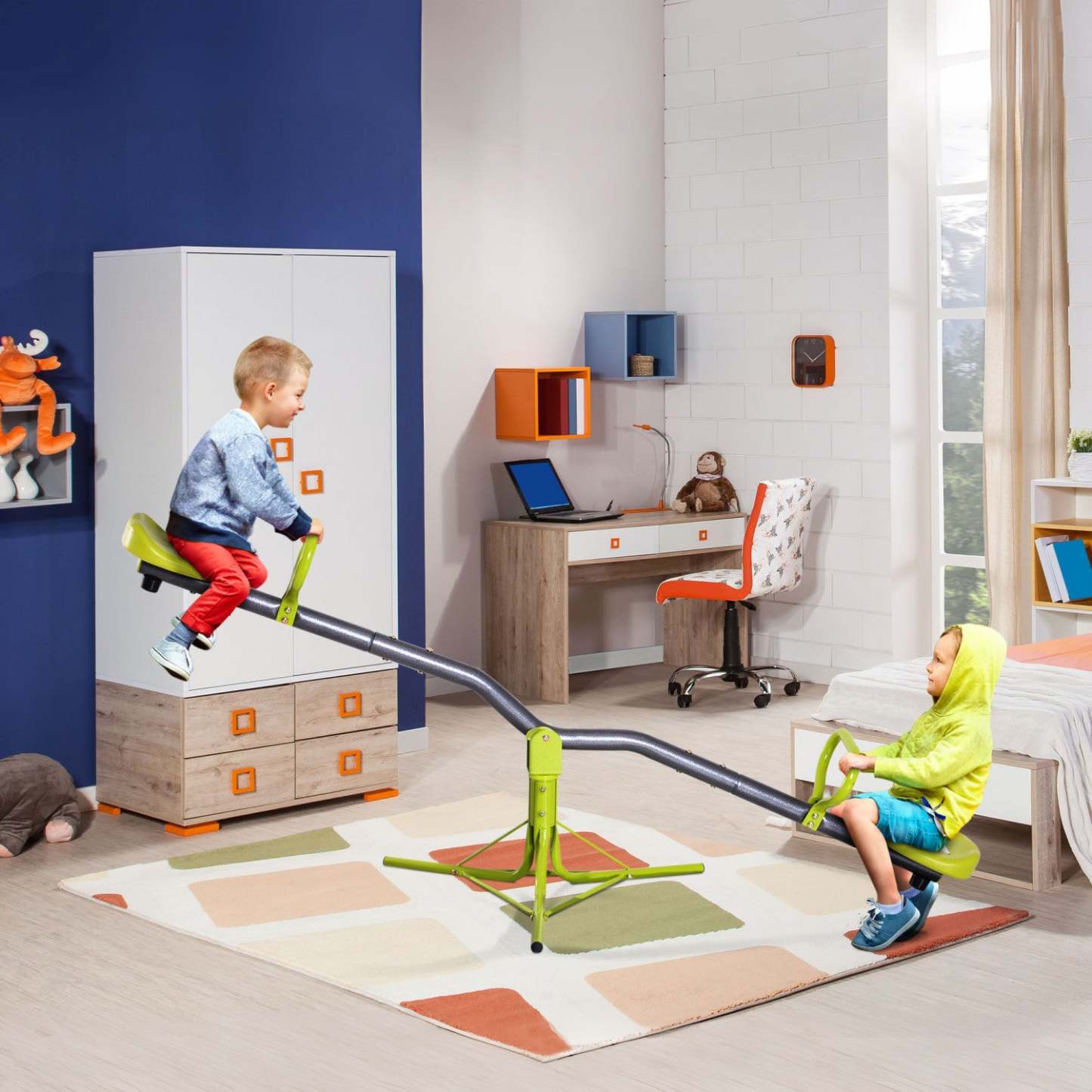 Homcom Kids Spinning Seesaw Swivel Teeter Totter Playground Equipment 360° Rotation Child Seesaw Roc|Homcom Banc Pivotant 360° Enfants Équipement Aire De Jeux Rotation Vert Et Gris