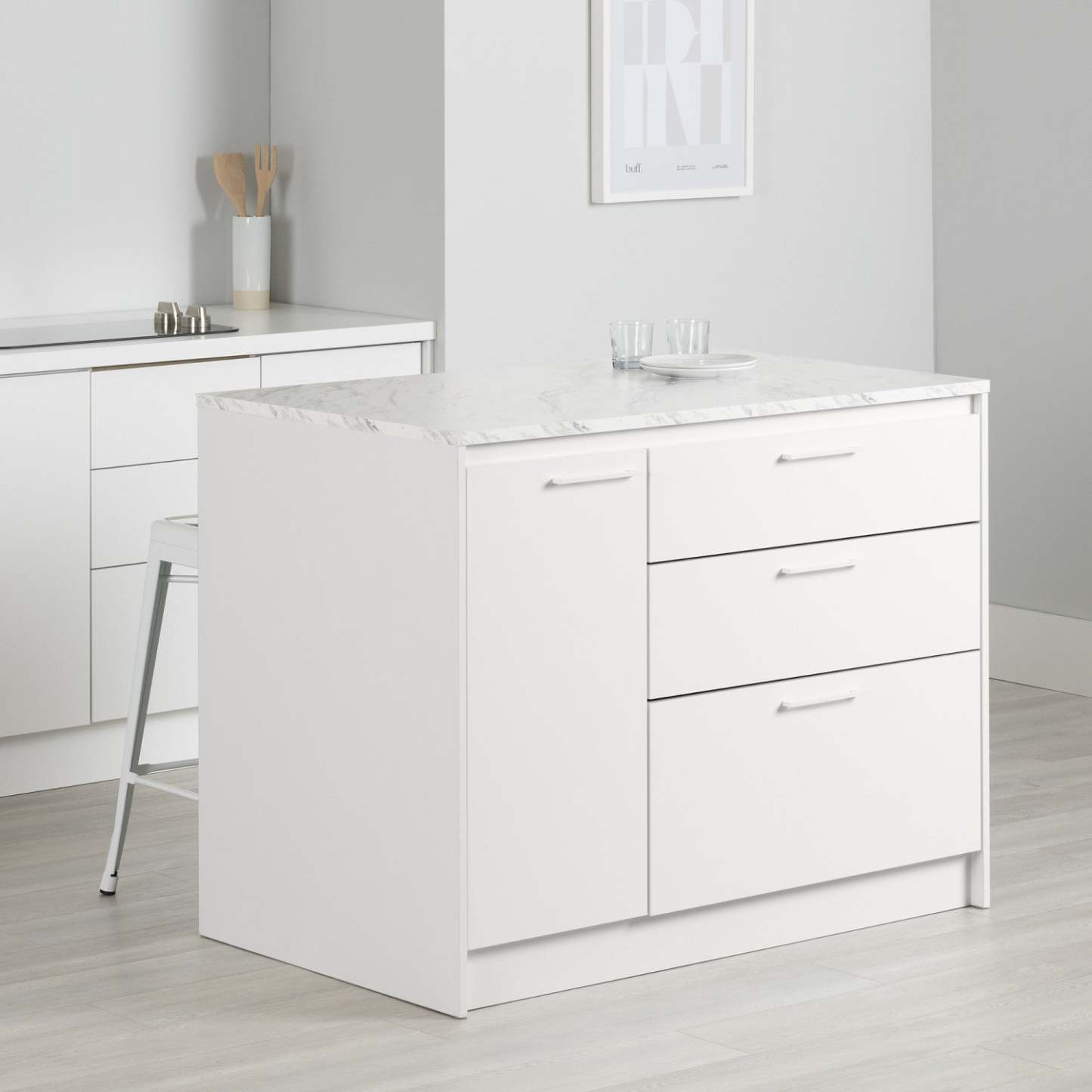 Myro Ilot De Cuisine Avec Porte Et Tiroirs - Faux Marbre Blanc Et Blanc