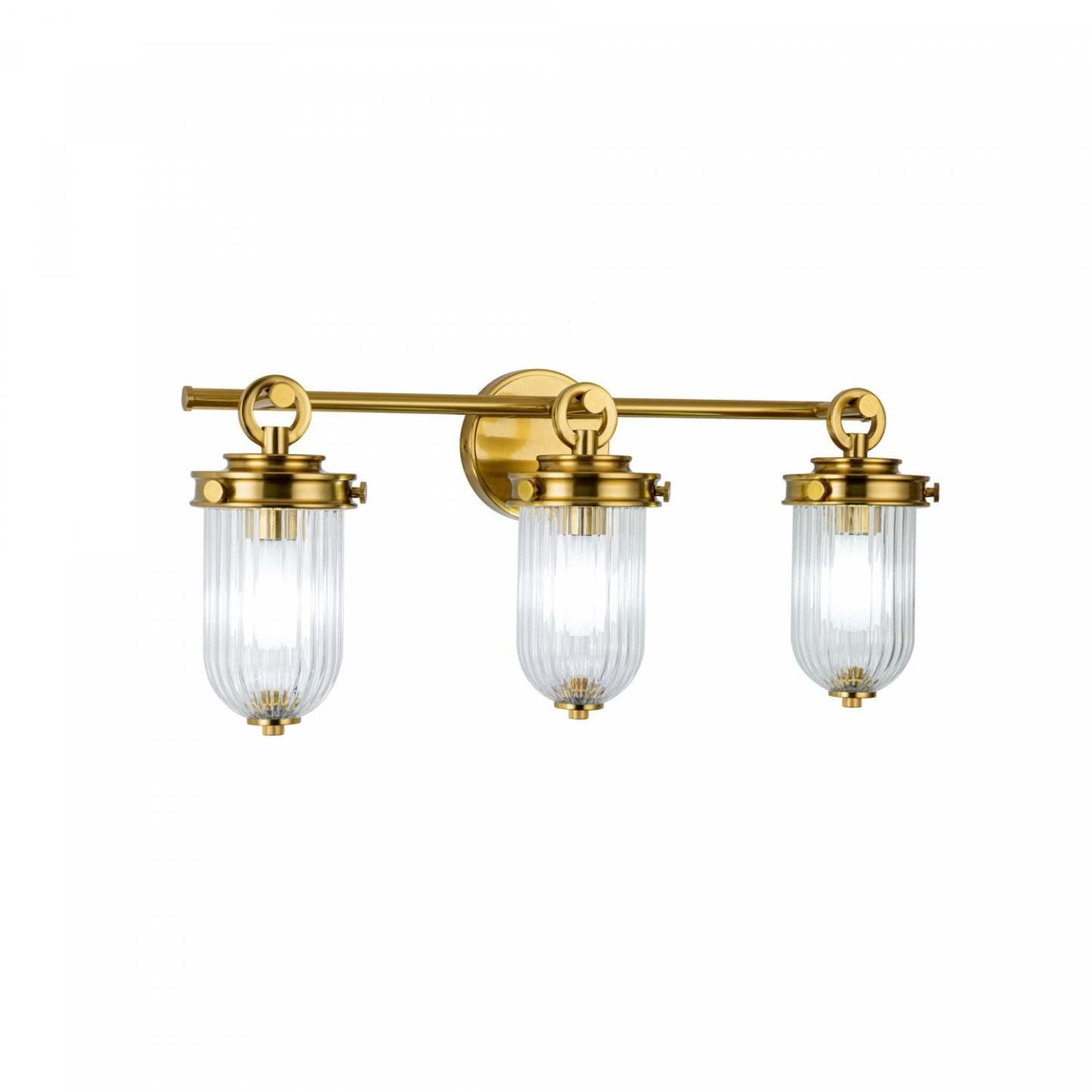 Salle de bains Myla à 3 lumières, laiton vintage avec lampe en verre nervuré | Luminaire De Salle De Bain A 3 lampes Myla, Laiton Retro Et Verre Nervure