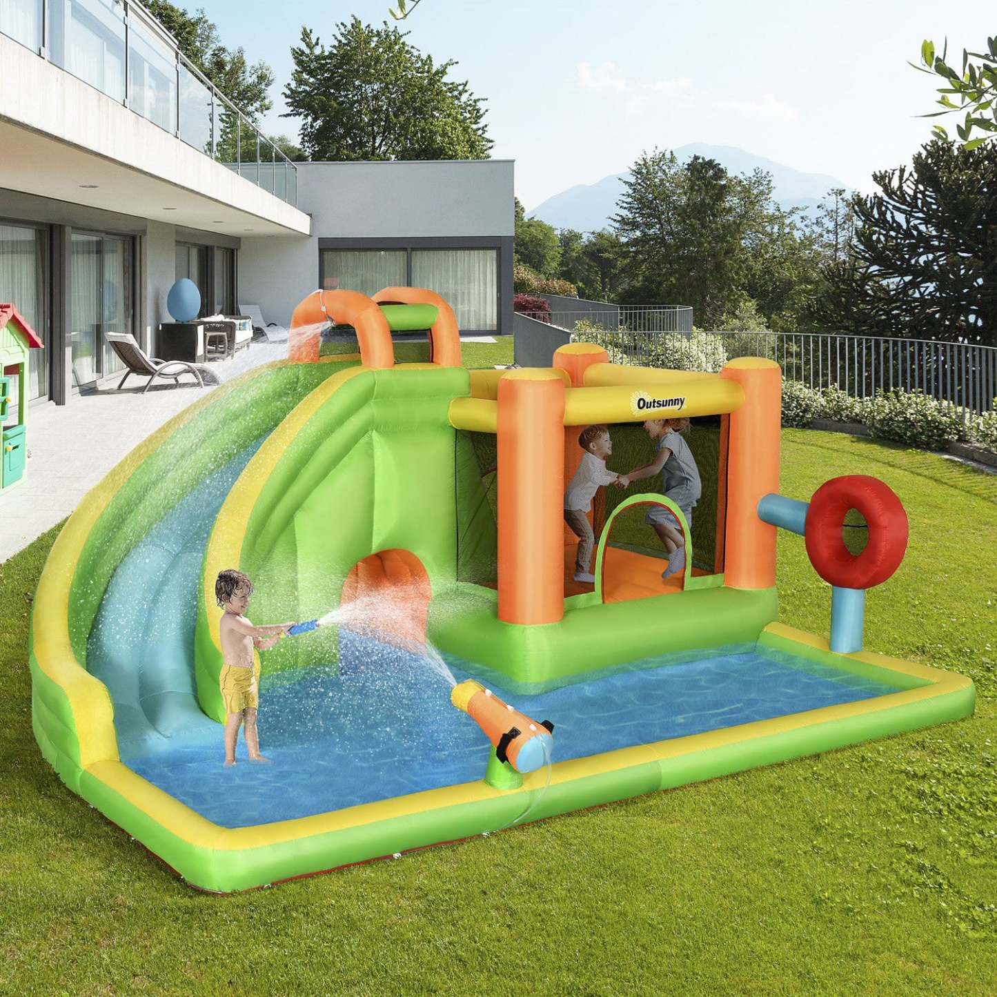 Outsunny Château Gonflable 8 En 1 Avec Toboggan, Trampoline, Piscine, W|Outsunny Château Gonflable Pour Enfants 7 En 1 Comprenant Un Toboggan, Un Trampoline, Une Piscine, U