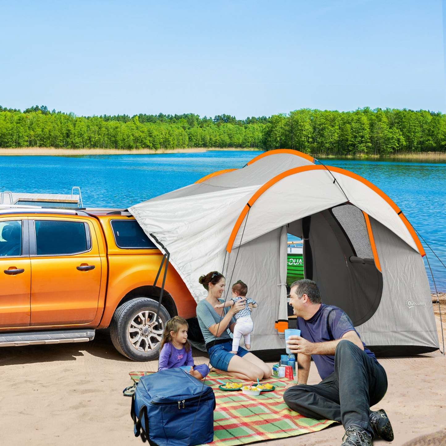 Outsunny Tente De Camping Pour Voiture Avec 3 Portes, 2000mm Imperméable, Gris Et Orange|Outsunny Car Camping Tent With 3 Doors, Grey And Orange