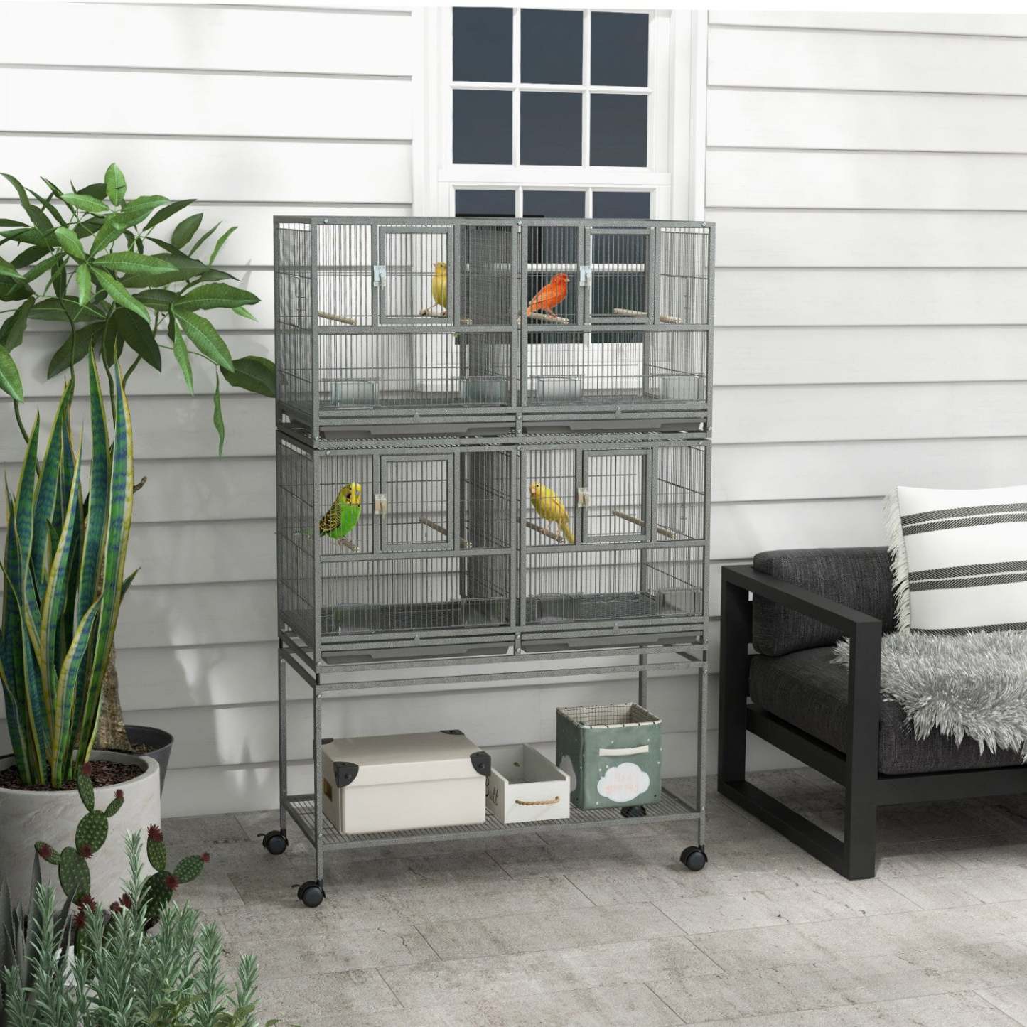 Pawhut Grande Cage A Oiseaux En Metal A Double Roulement Avec Plateau En Metal Amovible, Etagere De
