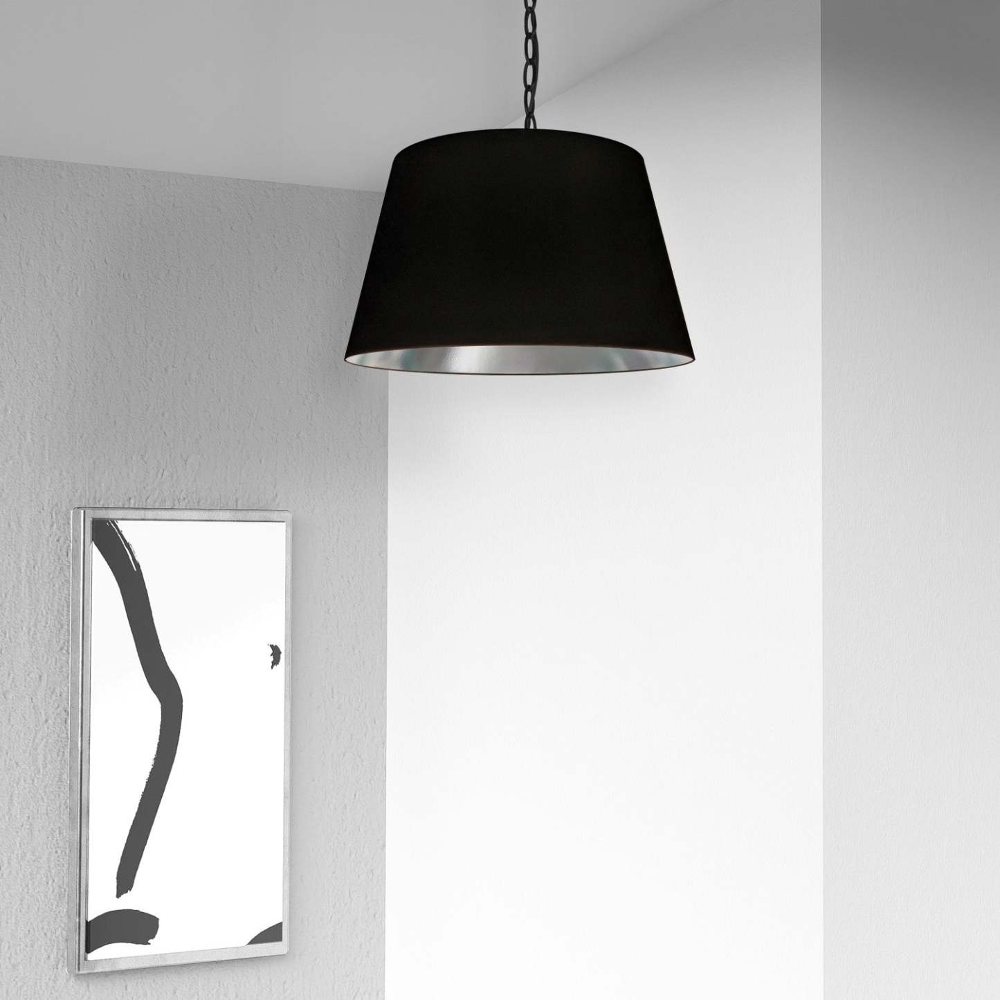 Dainolite Brynn 1 Light Pendant Small Black Finish Black/Silver Shade Lamp|Petit luminaire suspendu Brynn de Dainolite avec abat-jour noir et argenté, fini noir et 1 ampoule