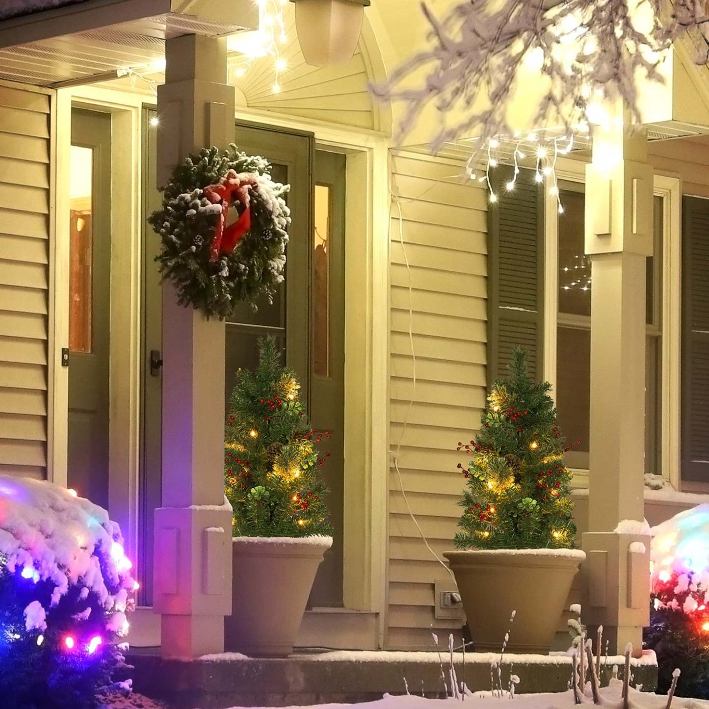 Homcom 2ft 2 Pack Lighted Small Christmas Tree with Red Berries Green|Homcom Lot De 2 Petits Sapins De Noël Éclairés, Vert, 2 Pieds