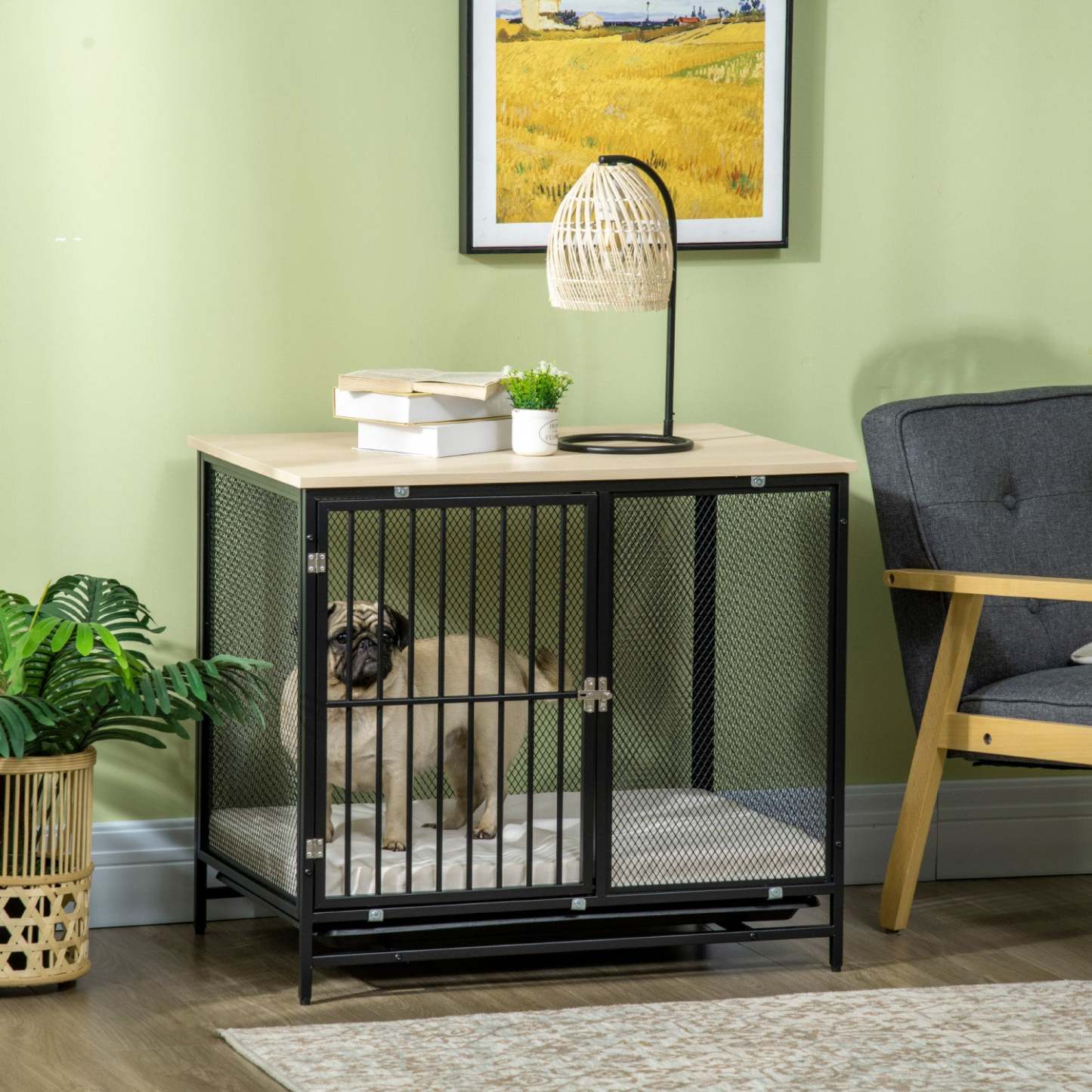 Pawhut Cage Pour Chien Avec Coussin Résistant À L'eau, Table D'appoint Pour Chien Avec Plateau Amovible