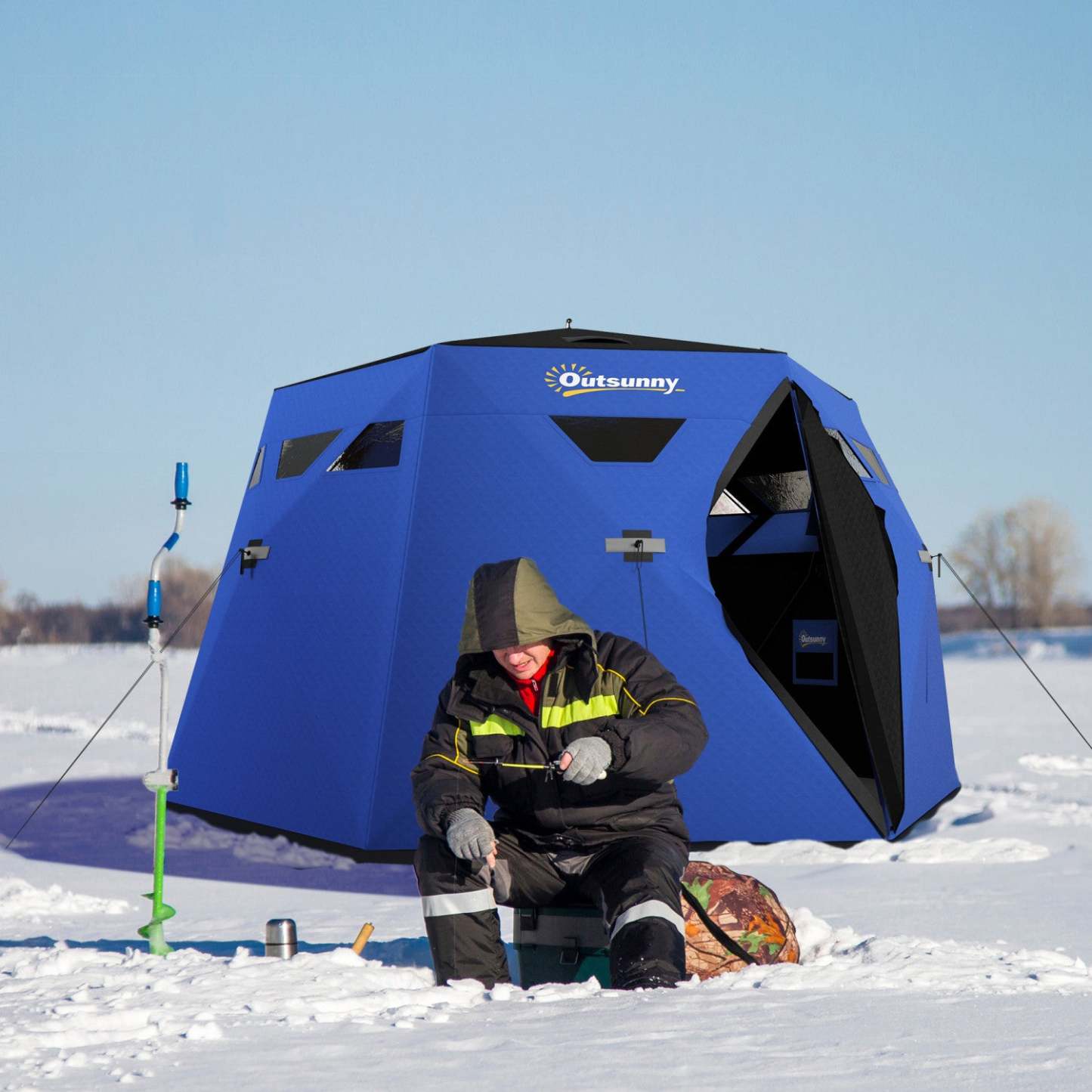 Outsunny Abri de pêche sur glace pour 4 personnes, Tente de pêche sur glace pop-up, Bleue