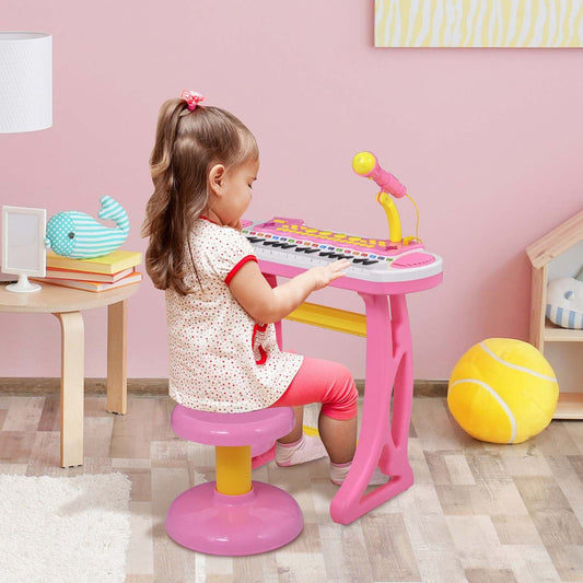 Qaba Clavier De Piano Enfants Avec Tabouret D'assise Inclus, Microphone De Travail, Lampe De Poche L