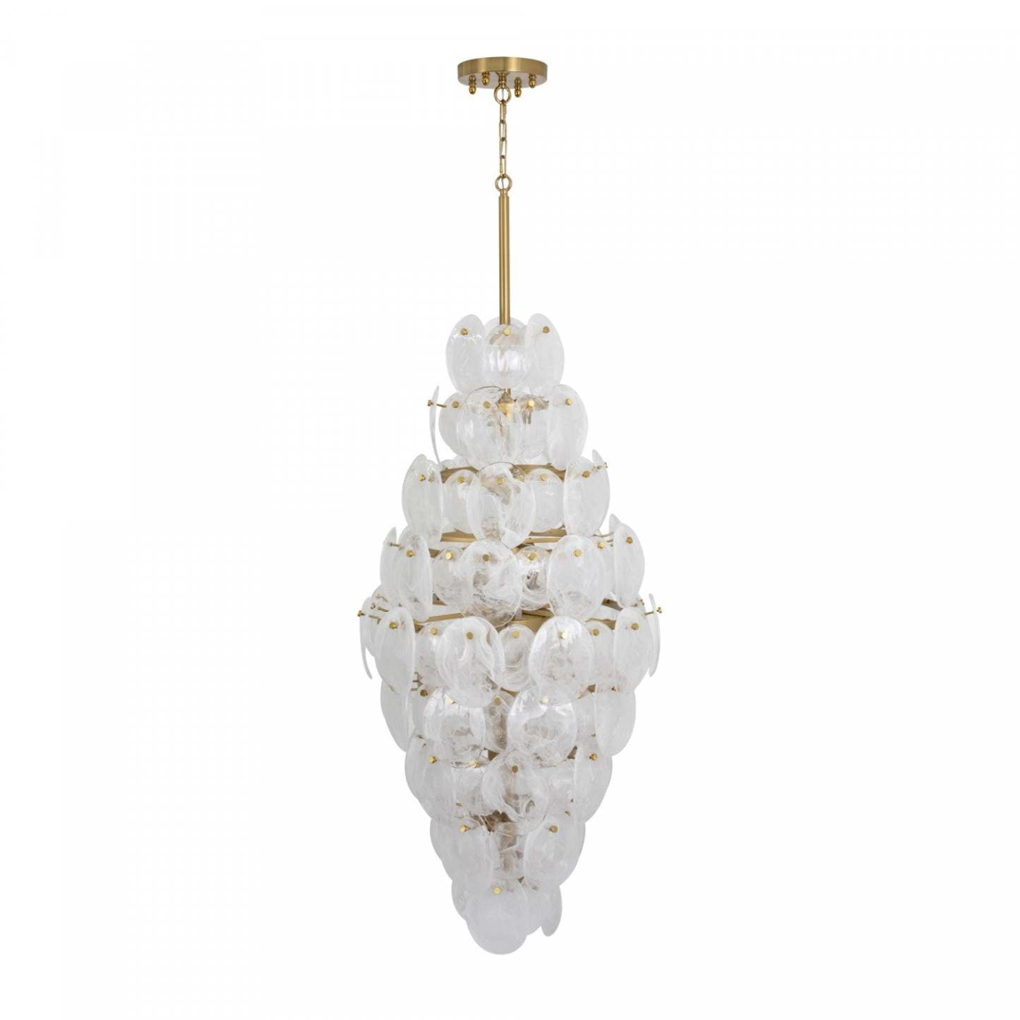 Lustre A 15 lampes Lily, Laiton Brosse Et Verre Genre Murano Blanc Vaporeux