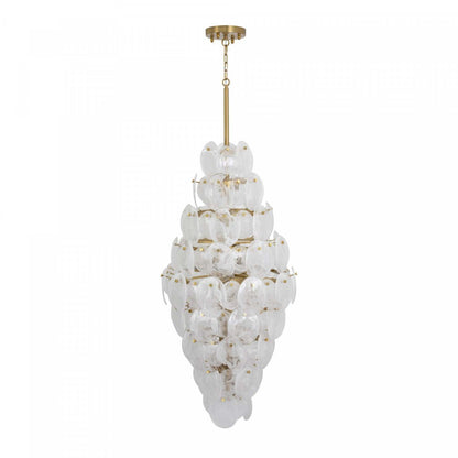 Lustre A 15 lampes Lily, Laiton Brosse Et Verre Genre Murano Blanc Vaporeux