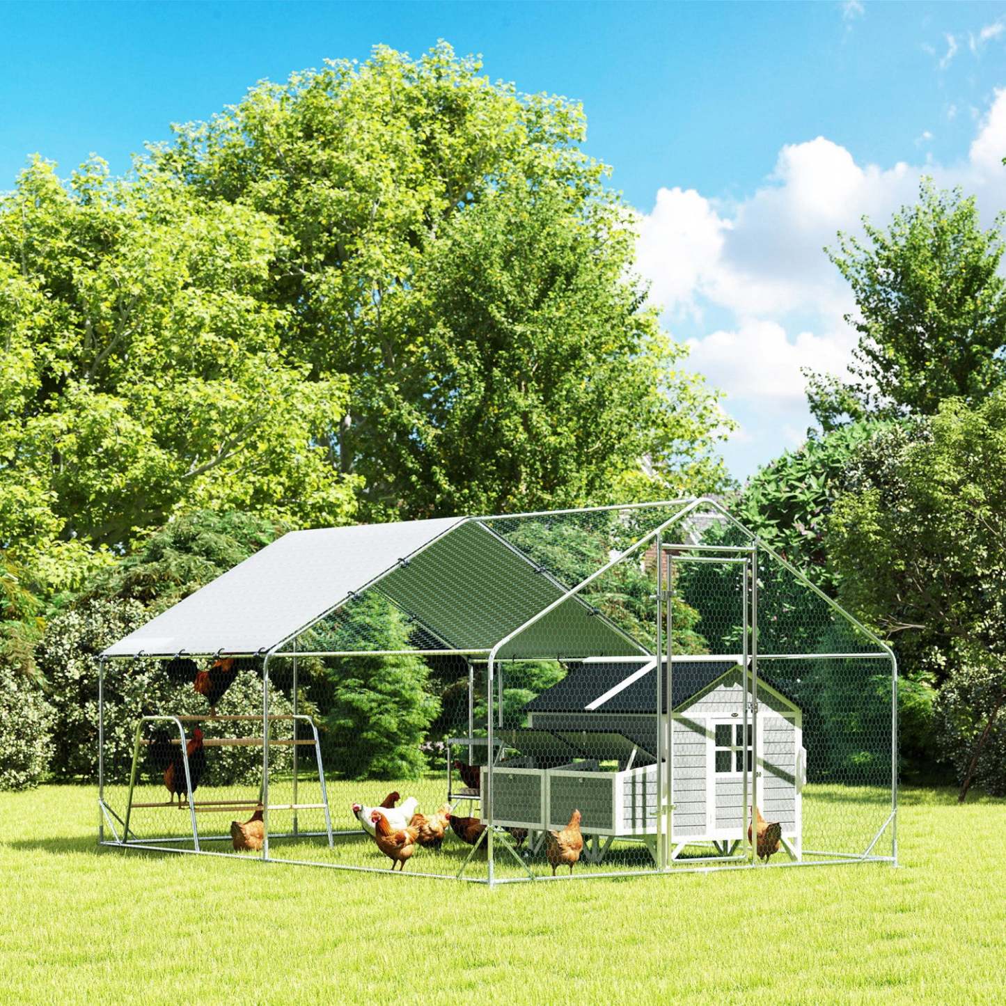 Pawhut Enclos à Poules, Grand Poulailler en Métal avec Boîte de Nidification, Couverture Imperméable et Résistante aux UV, Barres de Perchoir, Cage à Volaille pour Extérieur, Jardin, Ferme, Pour 12-18 Volatiles