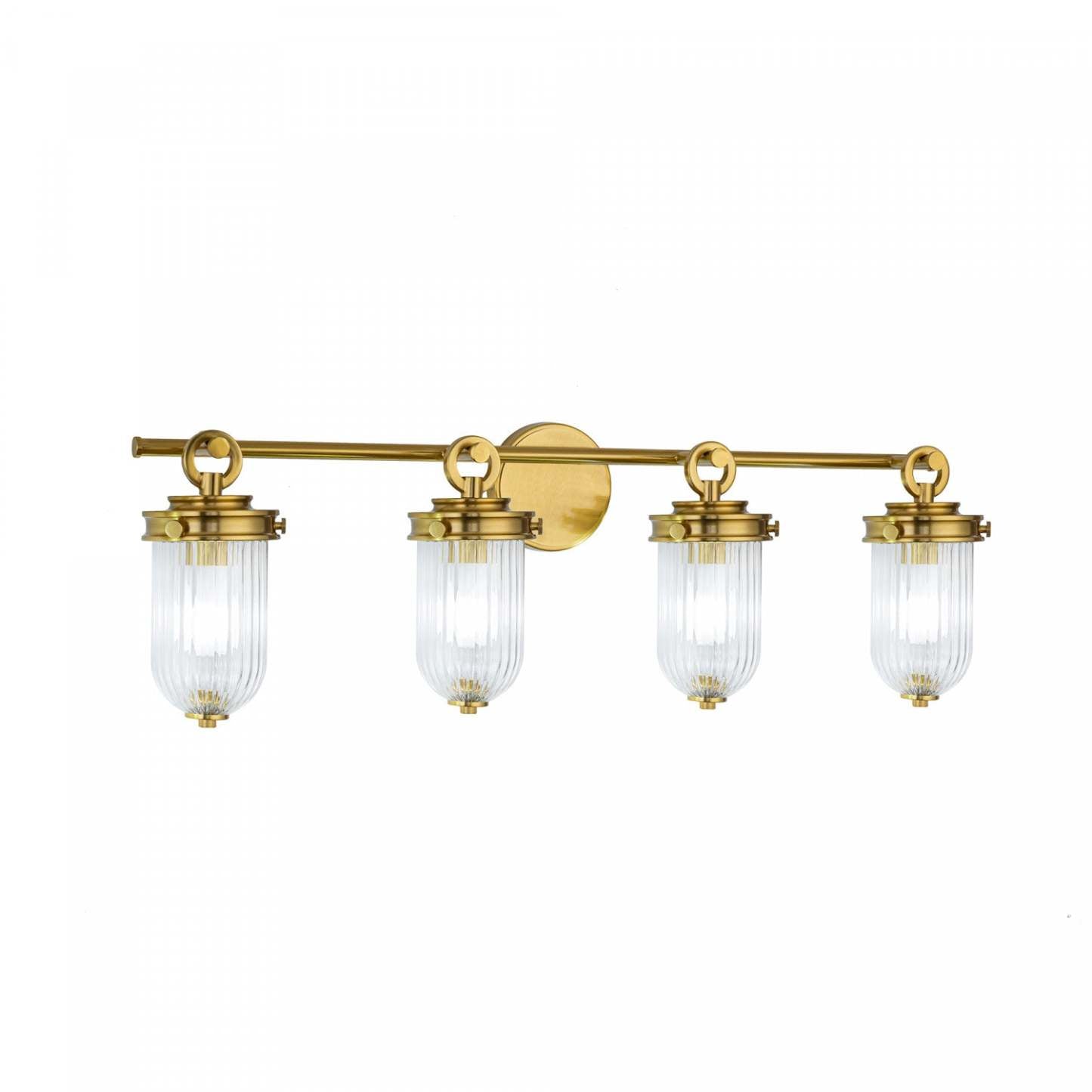 Vanité de salle de bain à 4 lumières Myla, laiton vintage avec lampe en verre nervuré | Luminaire De Salle De Bain A 4 lampes Myla, Laiton Retro Et Verre Nervure
