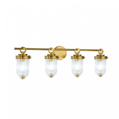 Vanité de salle de bain à 4 lumières Myla, laiton vintage avec lampe en verre nervuré | Luminaire De Salle De Bain A 4 lampes Myla, Laiton Retro Et Verre Nervure