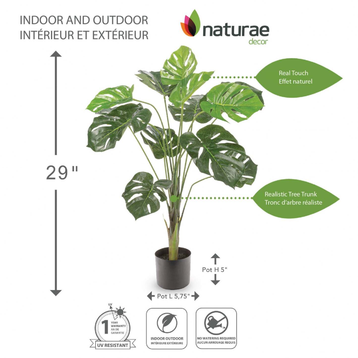 Artificiel 29 Monstera intérieur et extérieur en pot noir | Monstera artificiel de 29 po pour l'intérieur et l'extérieur en pot noir | D10H8MVE