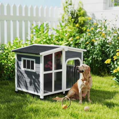 Pawhut Grande Maison en Bois pour Chien de 42 pouces pour l'Extérieur avec Fond Amovible, Chenil surélevé de Style Cabane, avec Toit en Asphalte Ouvrable, Rideau de Porte, Fenêtres Latérales pour Grand Chien, Gris Foncé