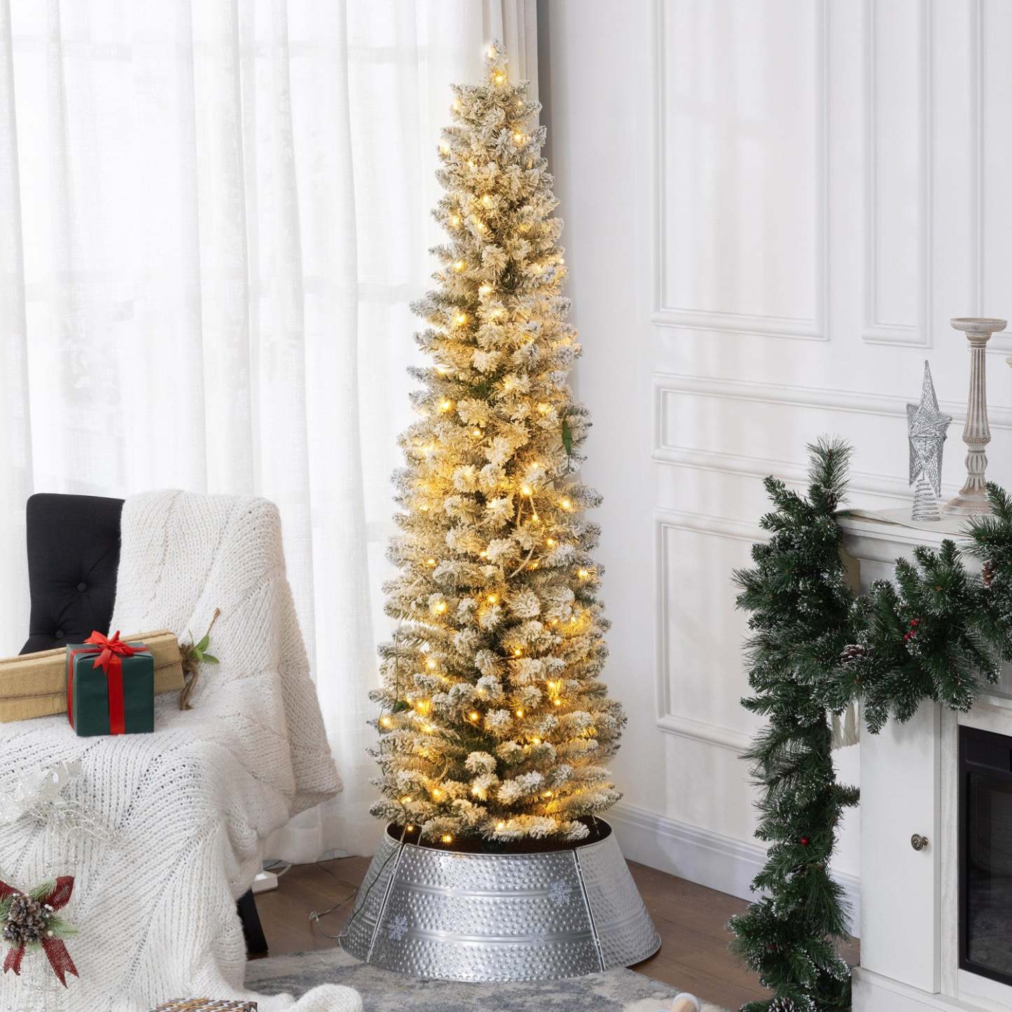 Homcom 6 Foot Snow Flocked Artificial Pencil Christmas Tree With Lights|Homcom Arbre De Noël Artificiel Floconné Enneigé De 6 Pieds Avec Lumières