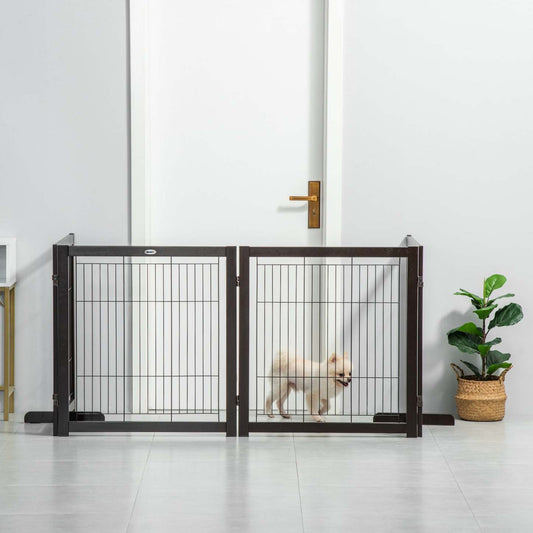 Pawhut Wooden Dog Gate Foldable Pet Fence For Small & Medium Dogs 4 Panel With Support Feet Freestan|Pawhut Barrière de sécurité pour animaux barrière modulable pliable 4 panneaux en bois de pin massif