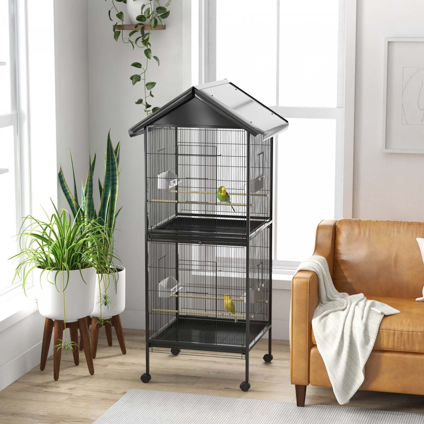 Pawhut Cage A Oiseaux En Metal Forge Avec Support Roulant, Conteneurs Alimentaires Portes Roues 67 H