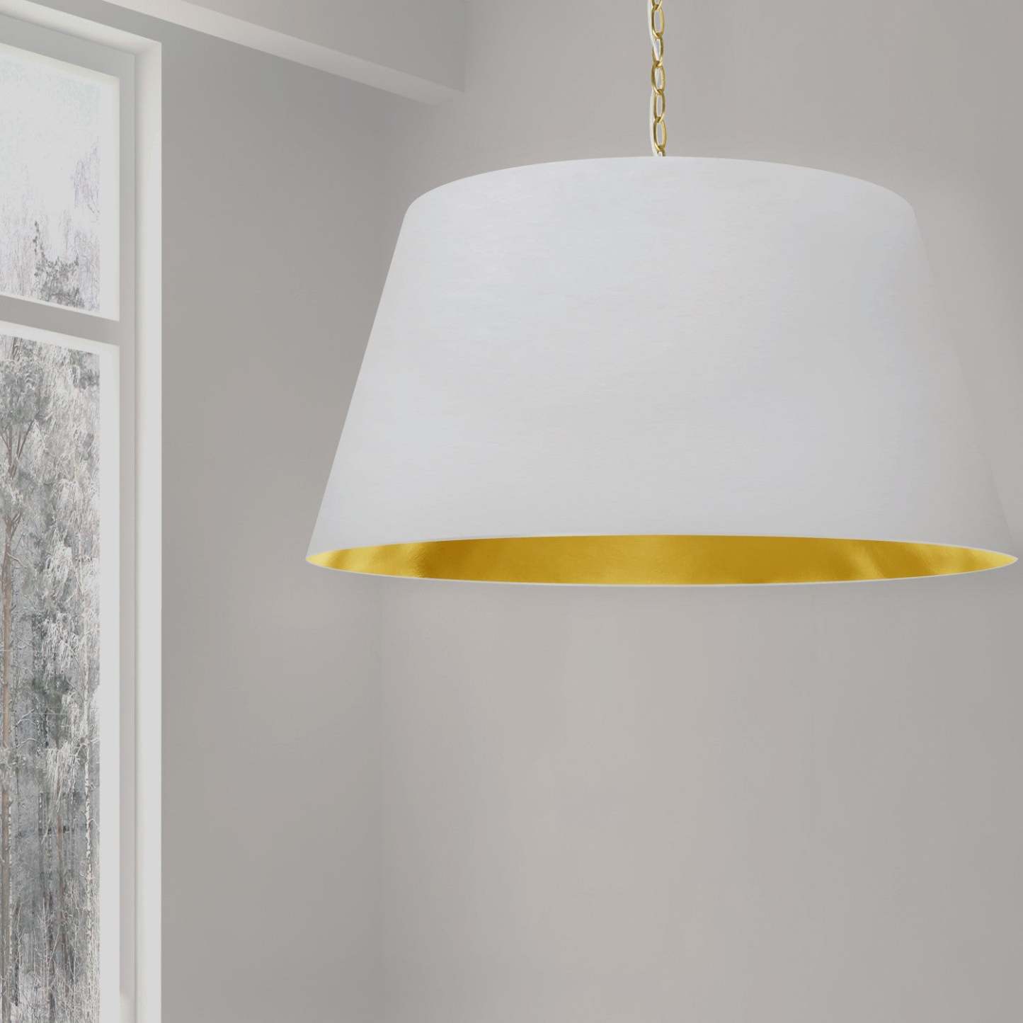 Dainolite Brynn 1 Light Pendant Xlarge Aged Brass Finish White/Gold Shade Lamp|Très grand luminaire suspendu Brynn de Dainolite avec abat-jour blanc et doré, fini laiton vieilli et 1 ampoule