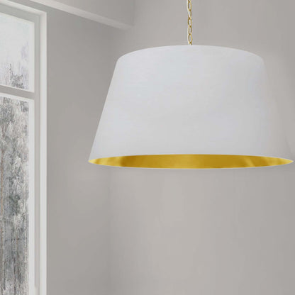 Dainolite Brynn 1 Light Pendant Xlarge Aged Brass Finish White/Gold Shade Lamp|Très grand luminaire suspendu Brynn de Dainolite avec abat-jour blanc et doré, fini laiton vieilli et 1 ampoule