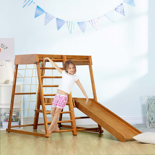 Qaba Aire De Jeux Interieure 6 En 1 Pour Enfants Jungle Gym Avec Toboggan, Mur D'escalade, Grimpeur, Barres De Singe